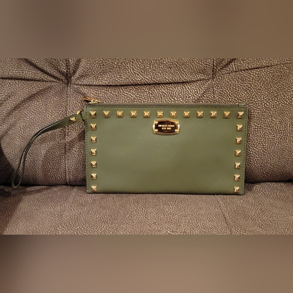Michael Kors Olive Green and Gold Large Studded Wristlet - Excellent Condition